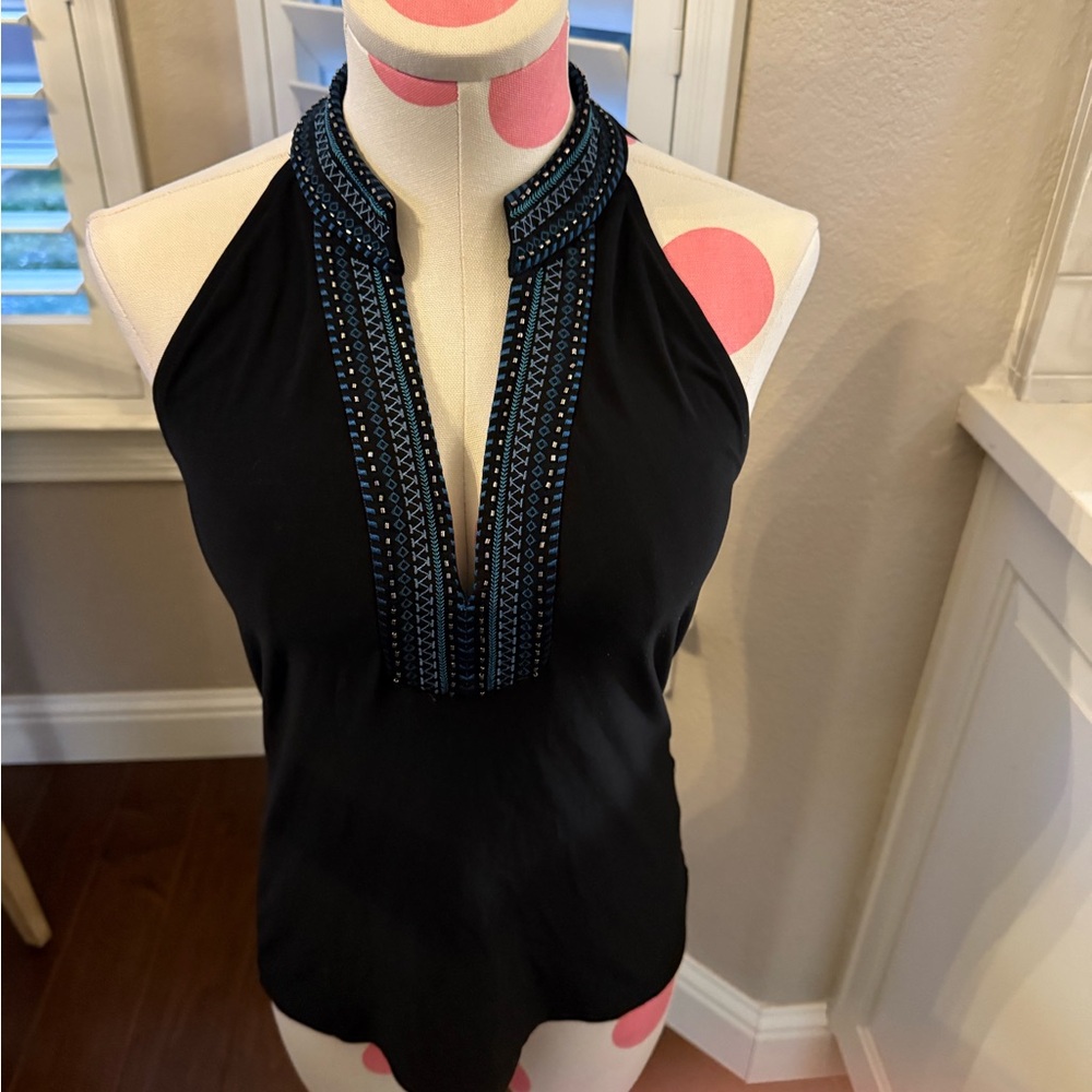White House Black Market Black Halter Top with Embroidered Detail Top, Size XS